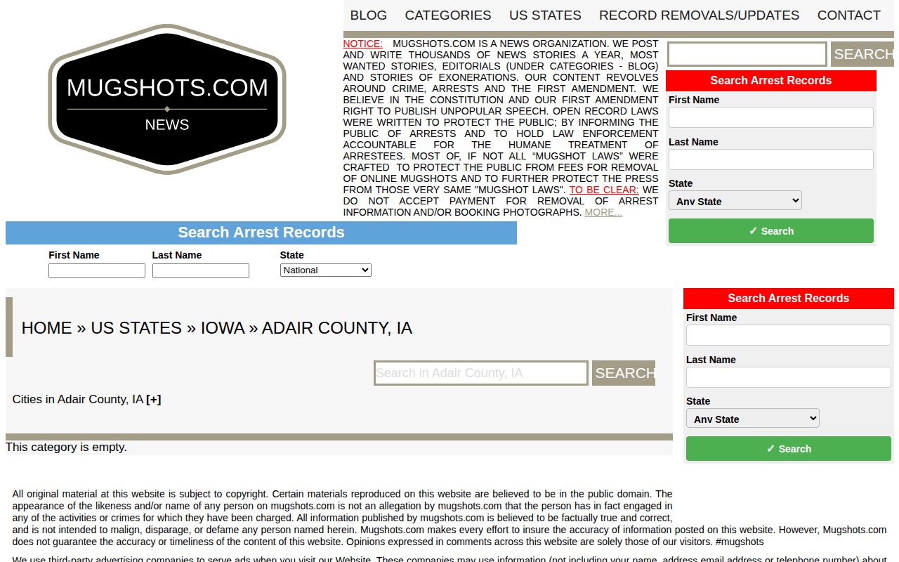 Adair County Iowa commercial mugshot page showing no records