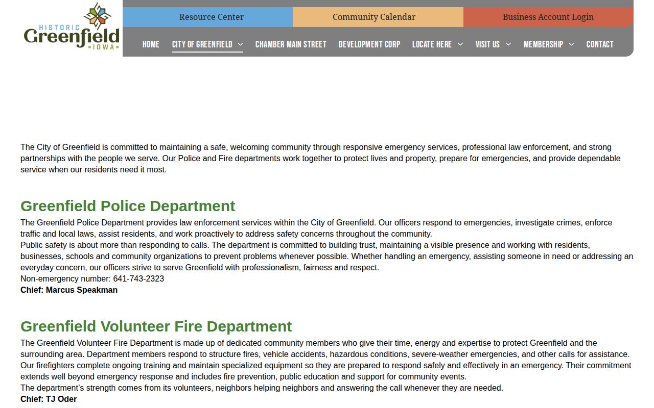 City of Greenfield official public safety page for its police department